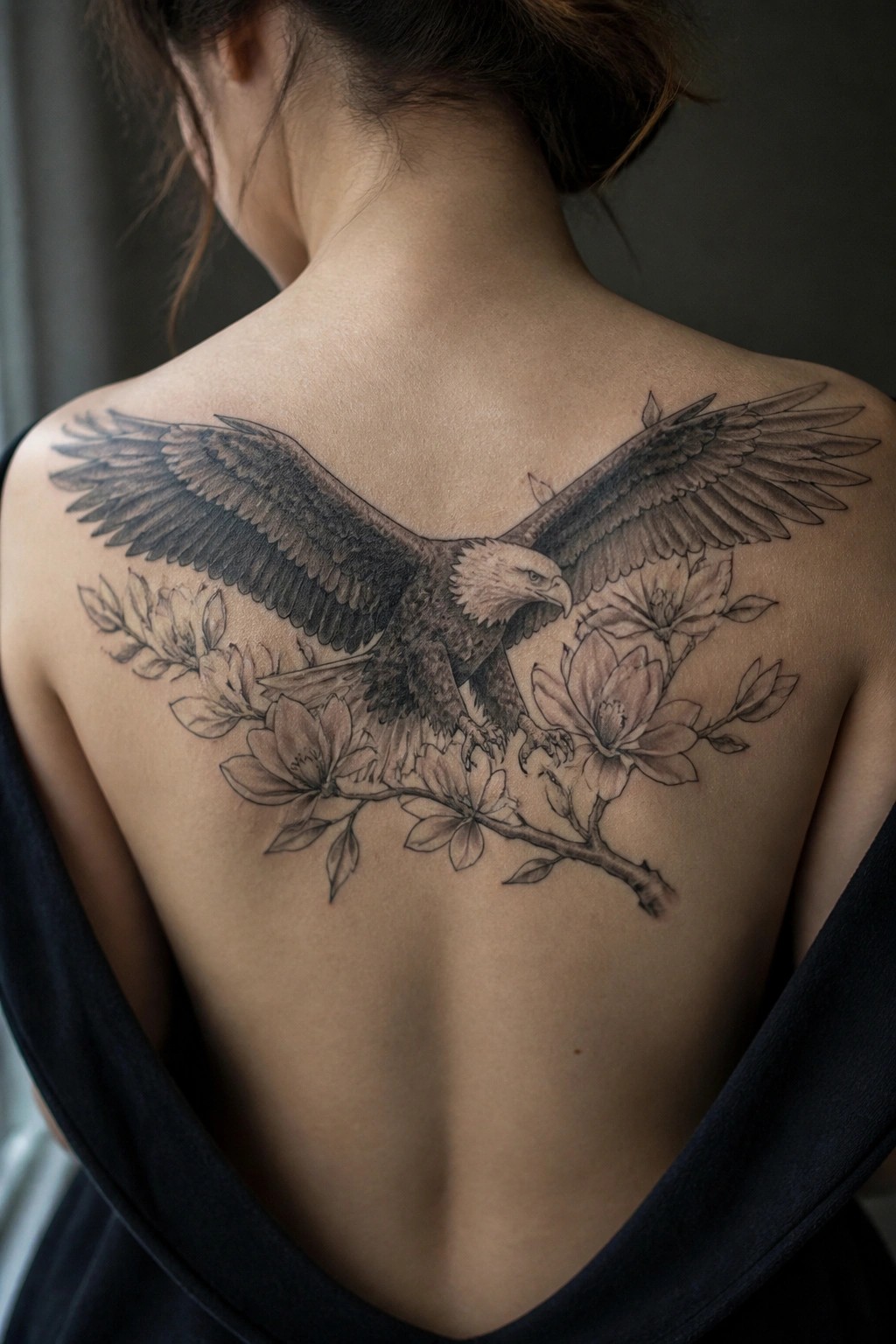 Large black and grey eagle tattoo with spread wings and flowers covering the upper back of a woman.