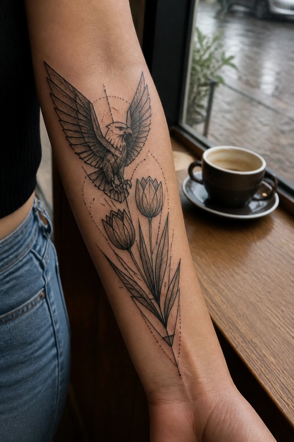 Eagle and tulip tattoo on arm beside coffee cup near rainy window