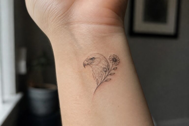 22 Eagle and Flower Tattoo Ideas for Women That Blend Strength With Beauty Eagle head tattoo with daisies and stems on inner wrist