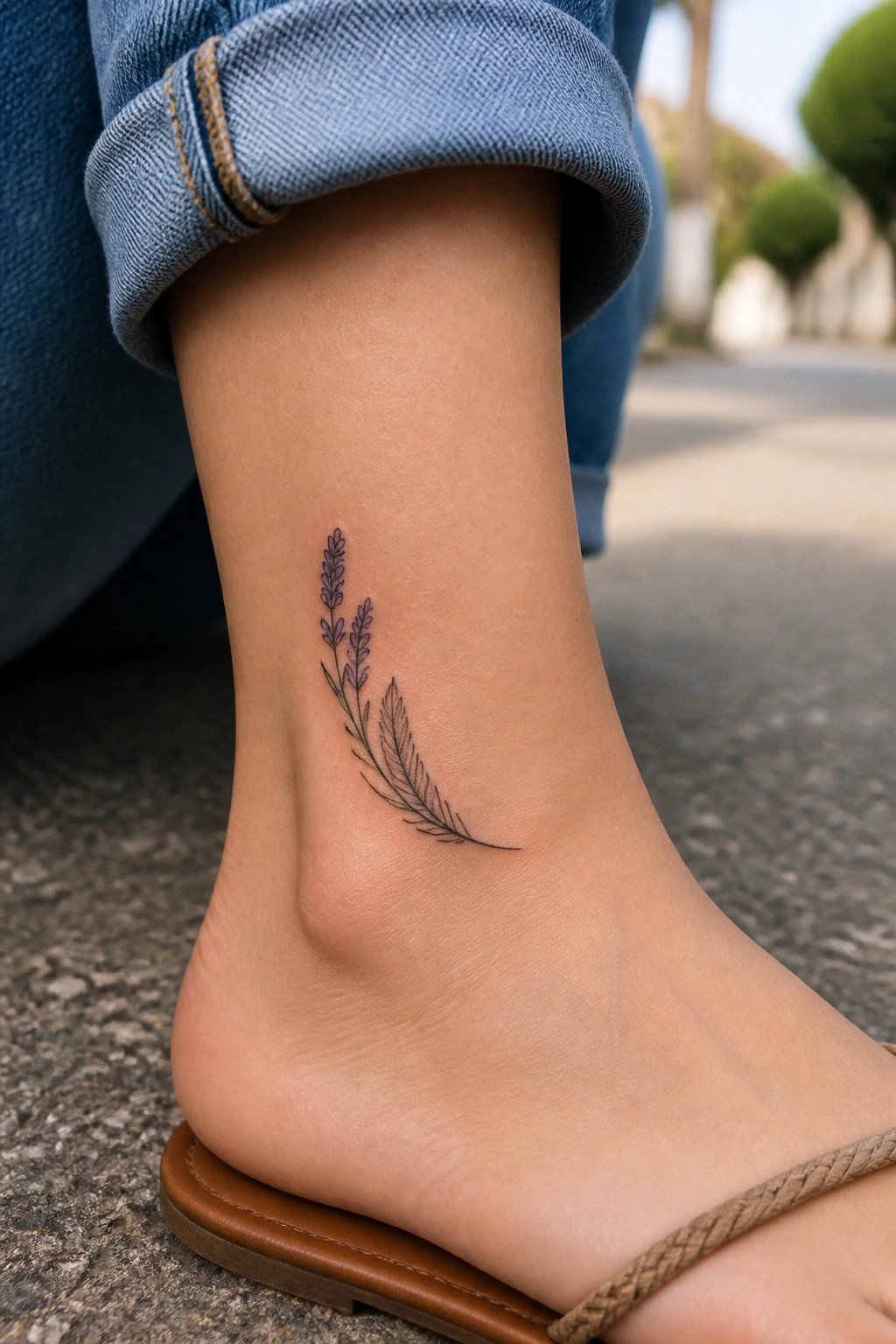 Ankle tattoo of lavender flowers and feather under cuffed blue jeans with brown sandal.