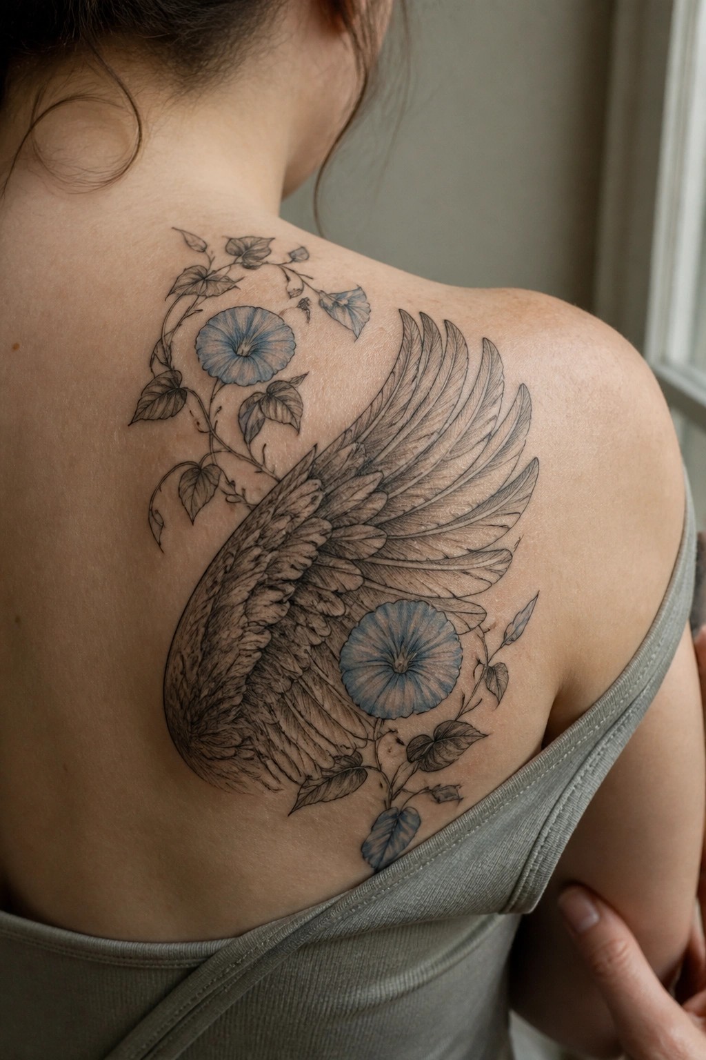 Woman's back with large wing tattoo and blue morning glory flowers in gray top