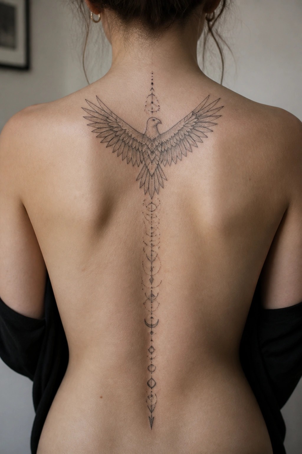 Fine line eagle tattoo on a woman's upper back with wings spread wide and a vertical row of moon phases running down the spine.