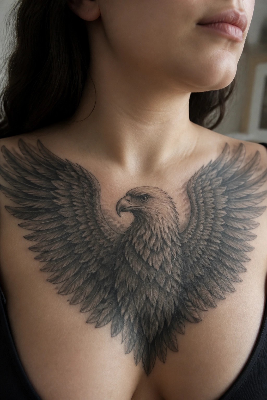 Large black-and-gray eagle tattoo with spread wings across upper chest.