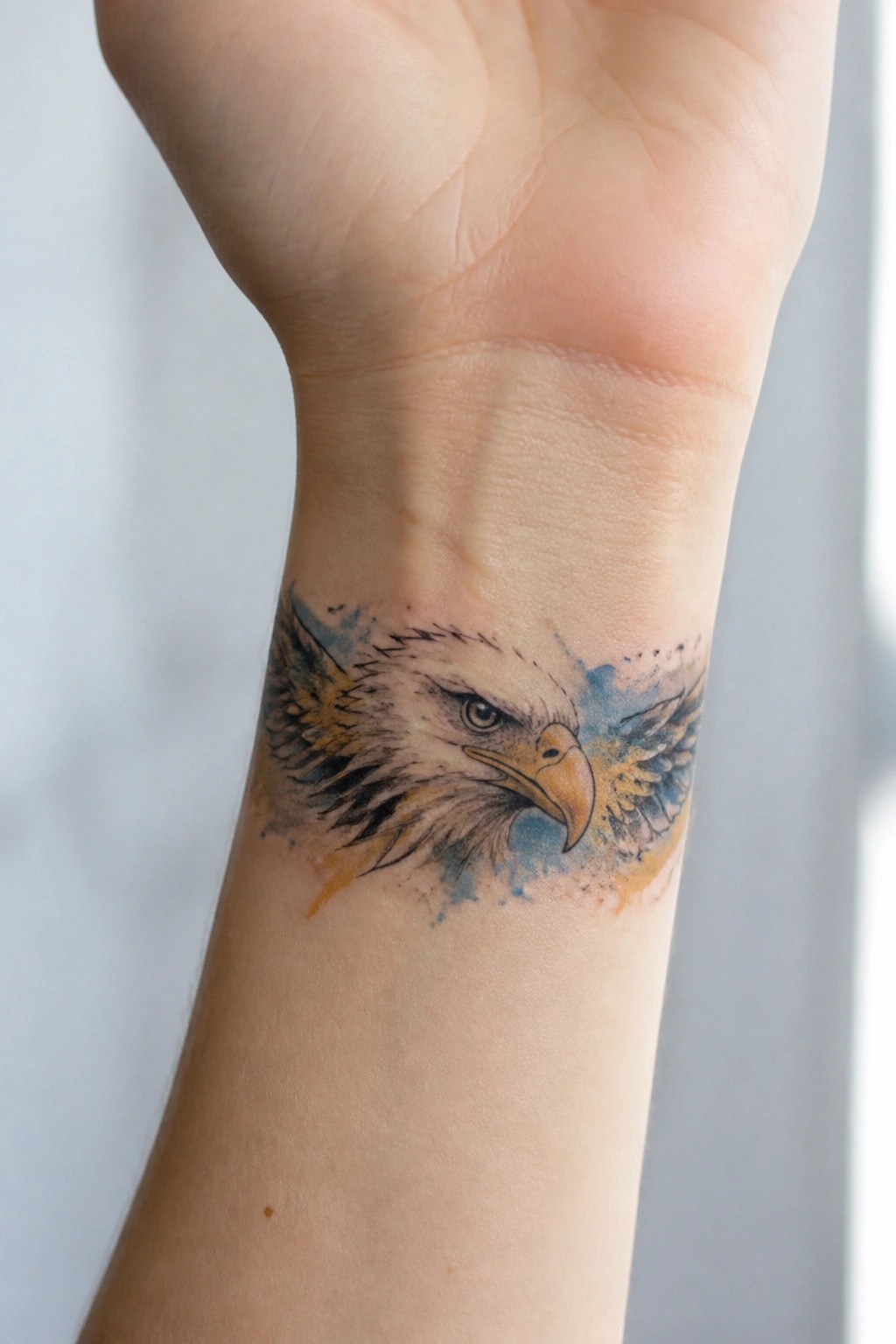 Small eagle head tattoo on the inner wrist with black outlines and blue watercolor accents