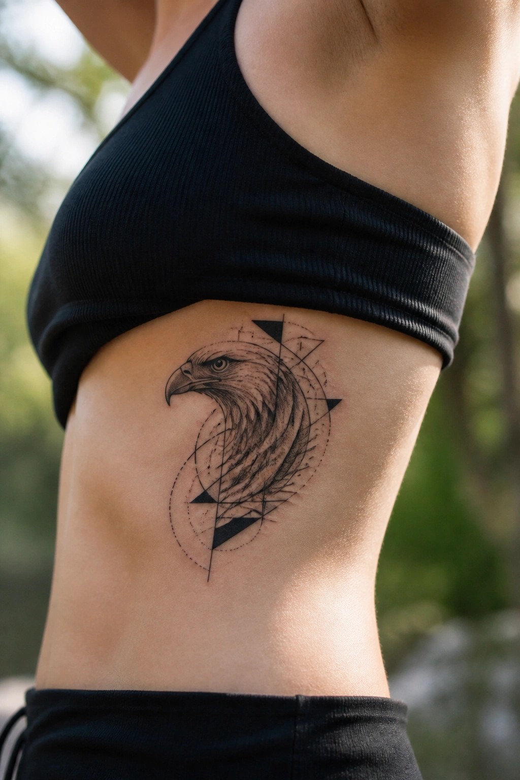 Woman's side with detailed eagle head tattoo and geometric lines under black crop top