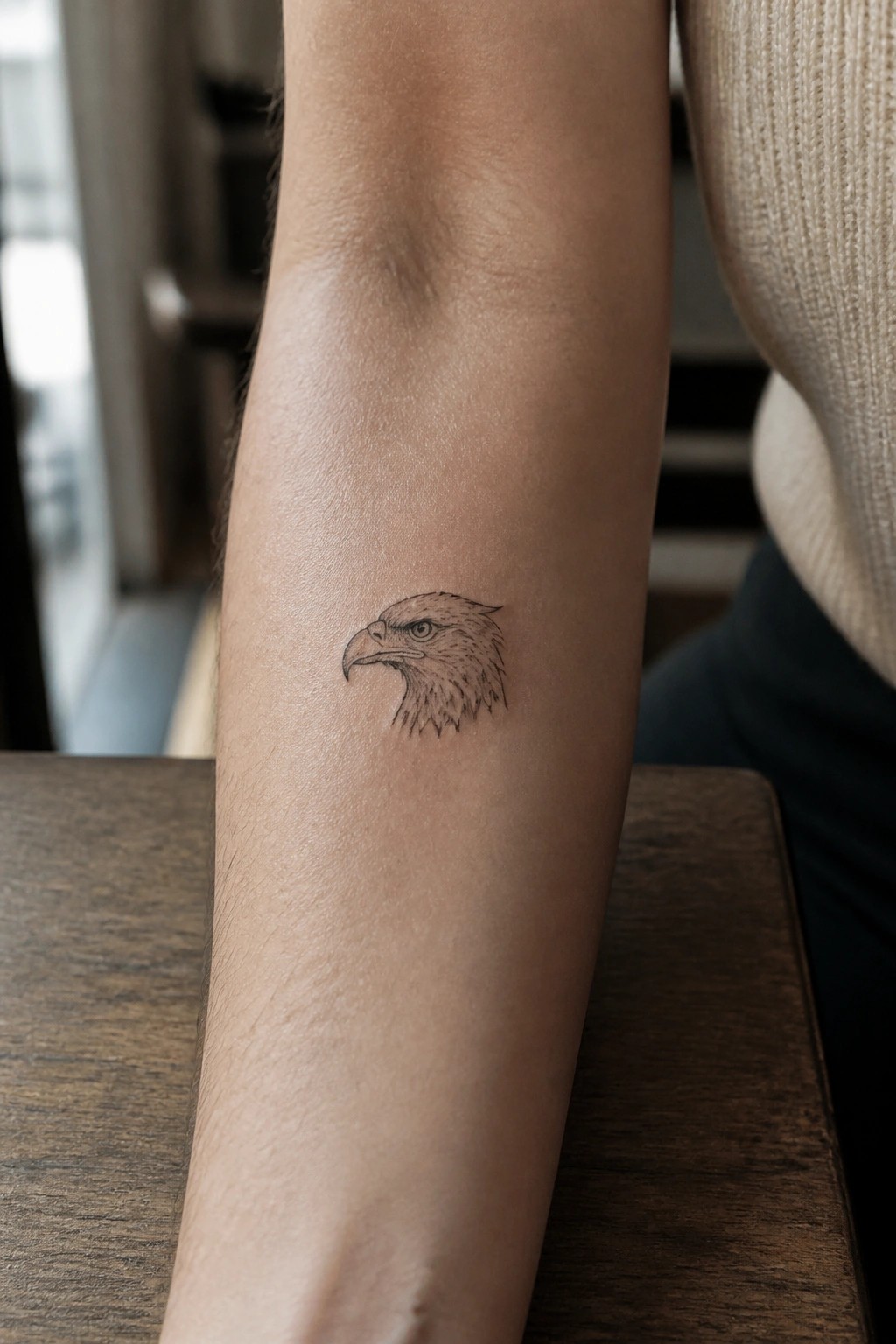 Small fine line eagle head tattoo on the inner forearm in black ink, shown in profile facing left.
