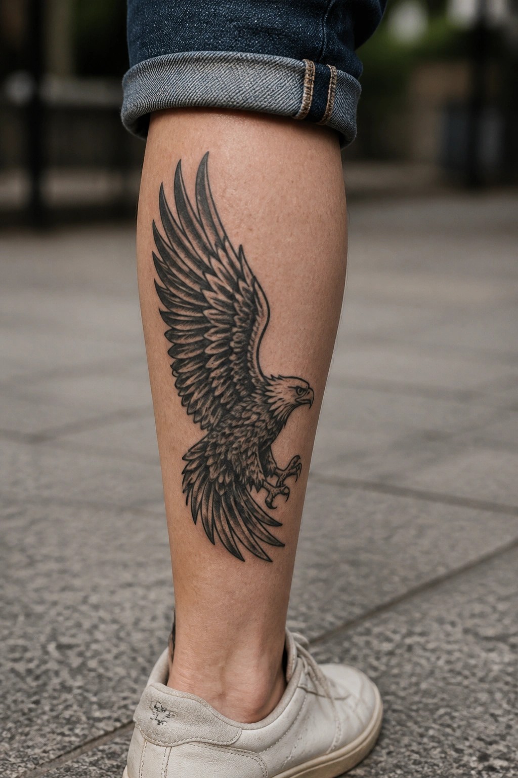Black and grey eagle tattoo with spread wings on a woman's calf