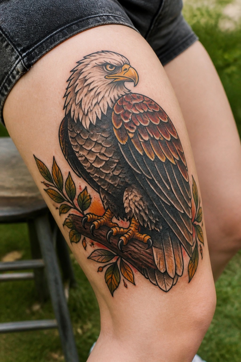 Bald eagle tattoo on thigh in denim shorts perched on leafy branch