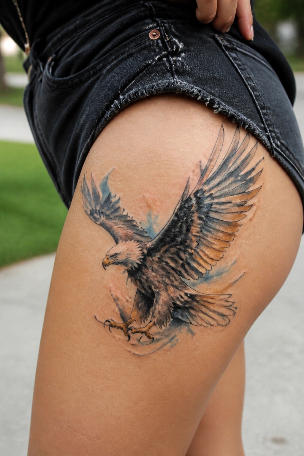 Realistic eagle tattoo in flight on thigh beneath black denim shorts