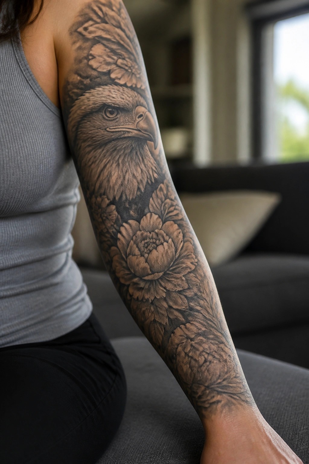 A realistic black and grey full sleeve tattoo with an eagle head on the upper arm and large flowers extending down the forearm.