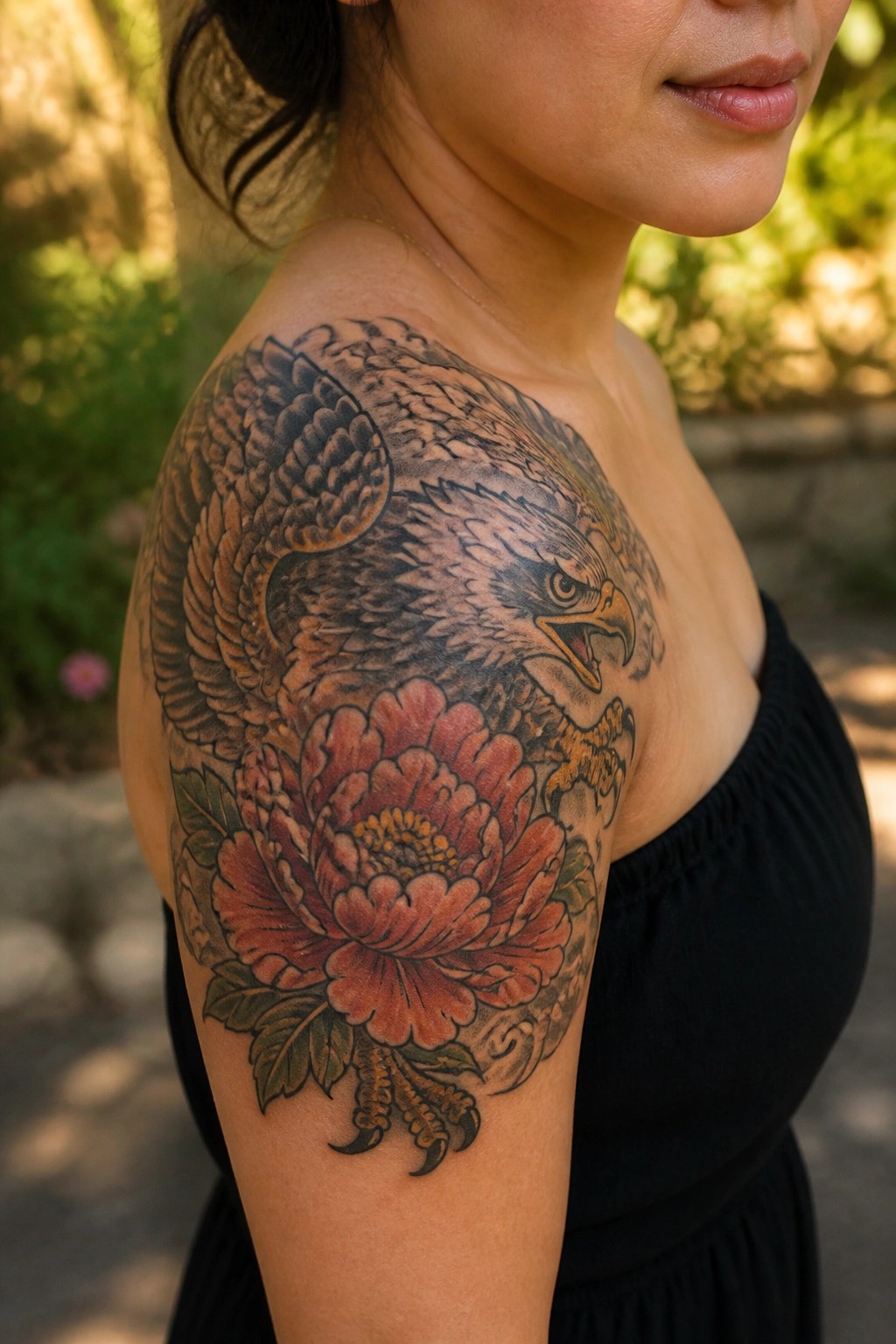 Detailed eagle and red peony tattoo on woman's shoulder above black top