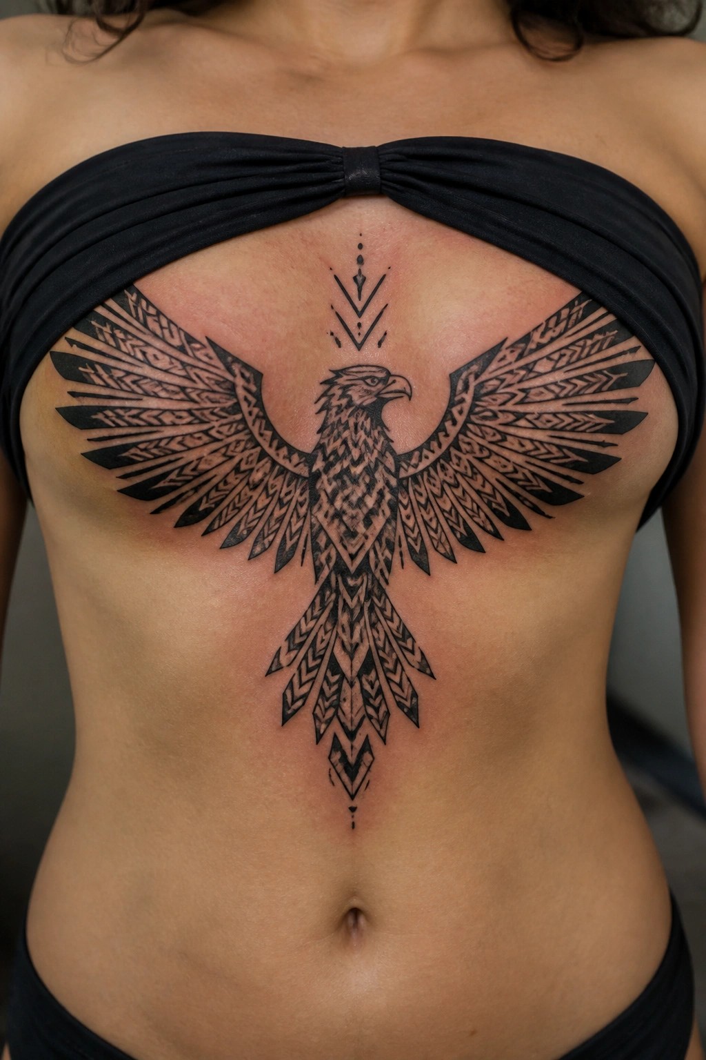 Black geometric eagle tattoo on a woman's chest with outstretched wings and patterned body extending downward.