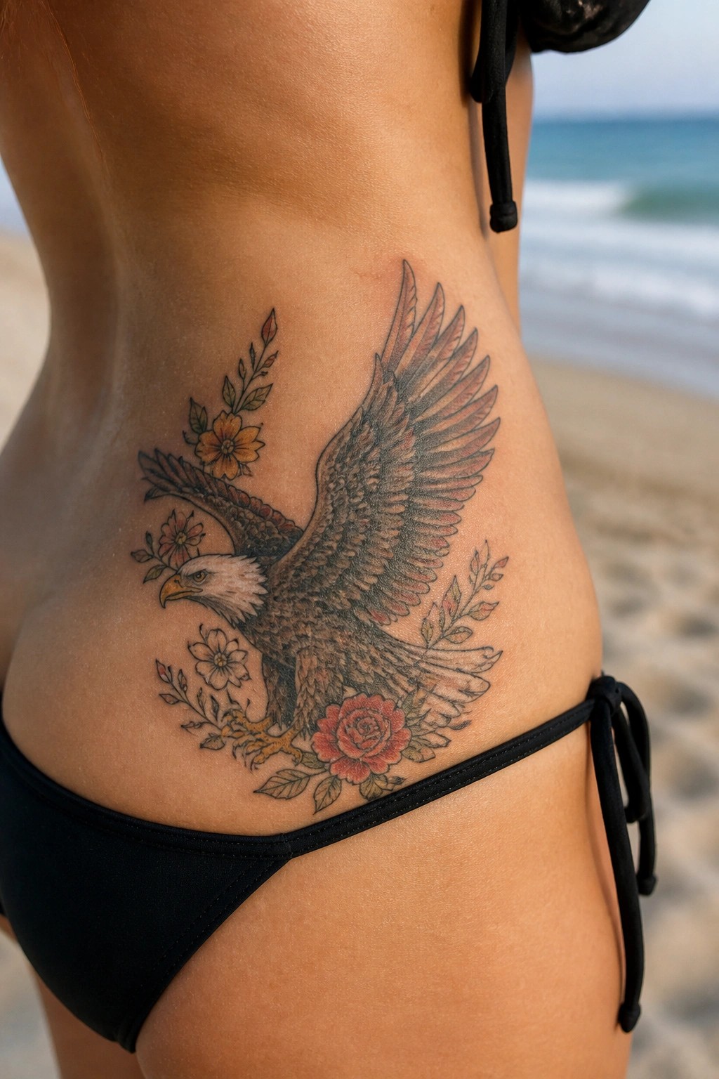 Large eagle tattoo with roses and flowers on lower back over black bikini at beach
