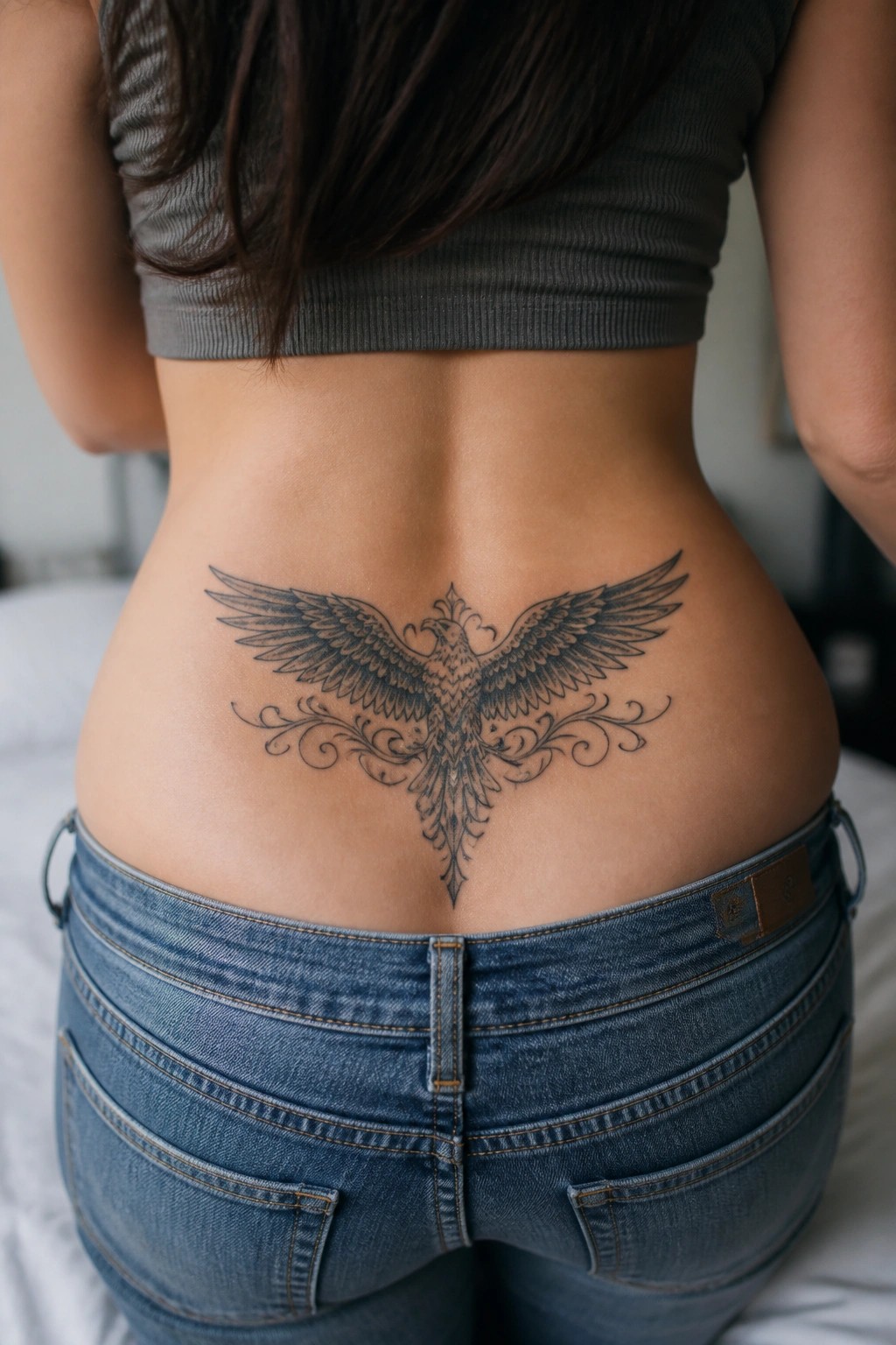 Large phoenix tattoo on woman's lower back above blue jeans