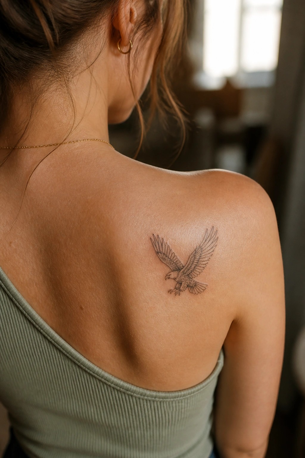 Woman's back with eagle tattoo on shoulder, wearing light green tank top