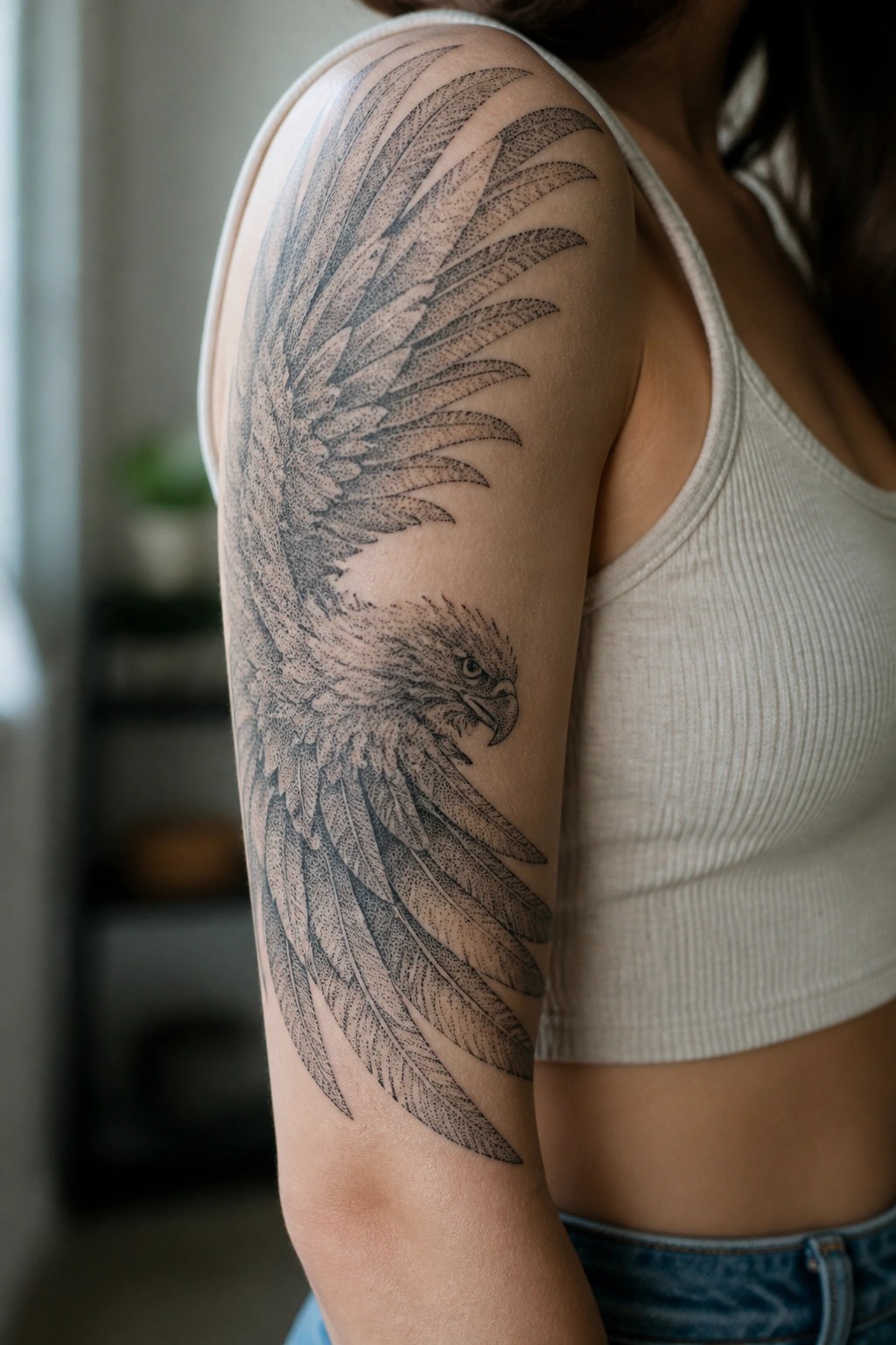 Detailed eagle tattoo on woman's shoulder and upper arm in white tank top