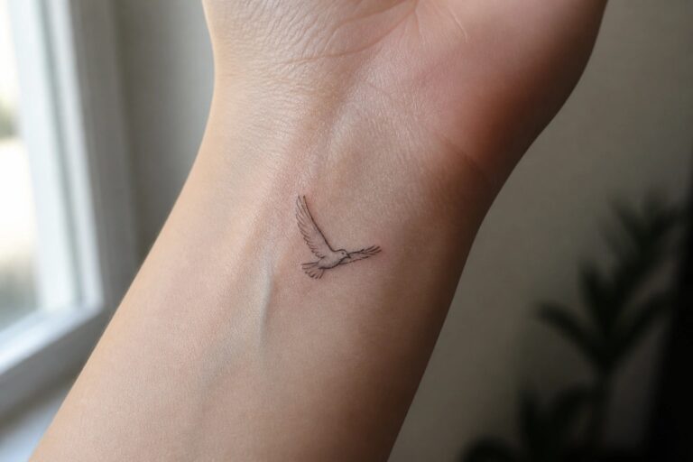 22 Elegant Eagle Tattoo Ideas for Women That Balance Strength and Grace Small black bird tattoo with spread wings on light-skinned wrist near blue jeans
