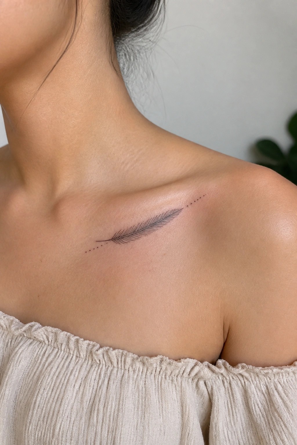 Woman's shoulder with feather tattoo above ruffled off-shoulder beige top.