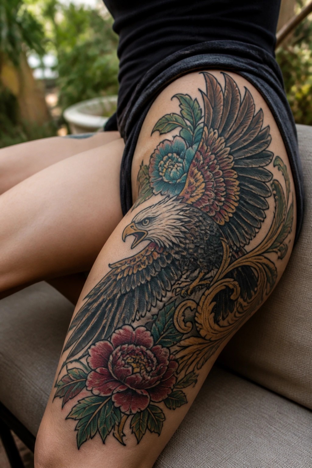Large eagle with spread wings and colorful peonies tattooed on thigh