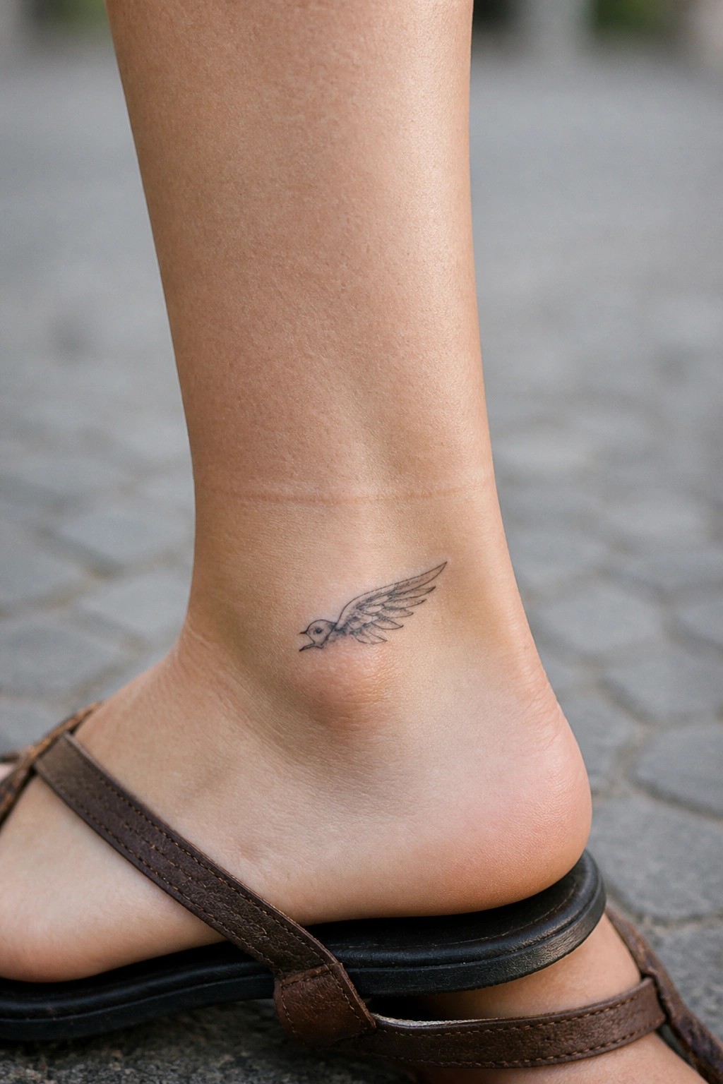 Small fine line tattoo of a bird with spread wings on the outer ankle above a sandal strap