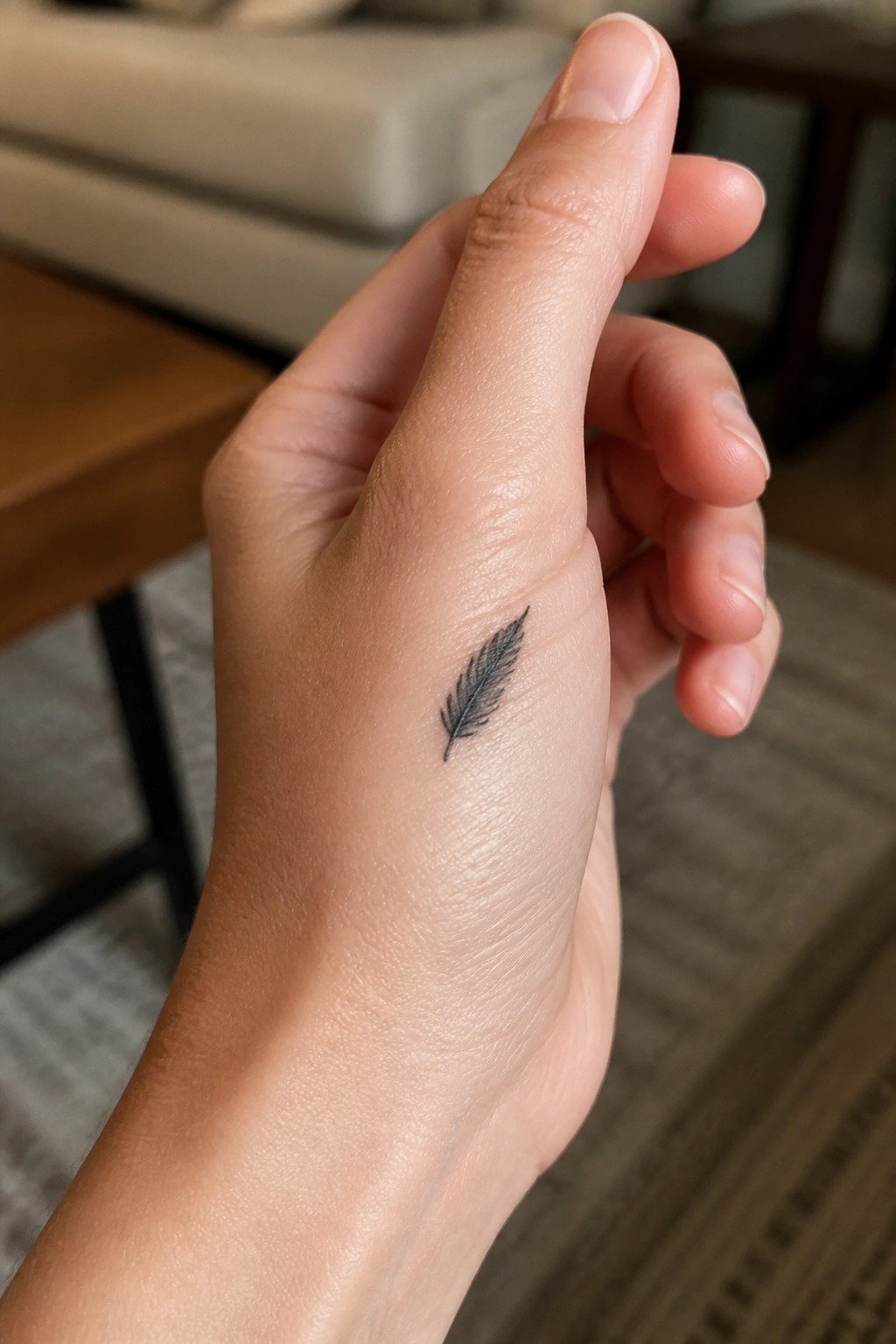 Light-skinned hand with small black feather tattoo on outer edge.
