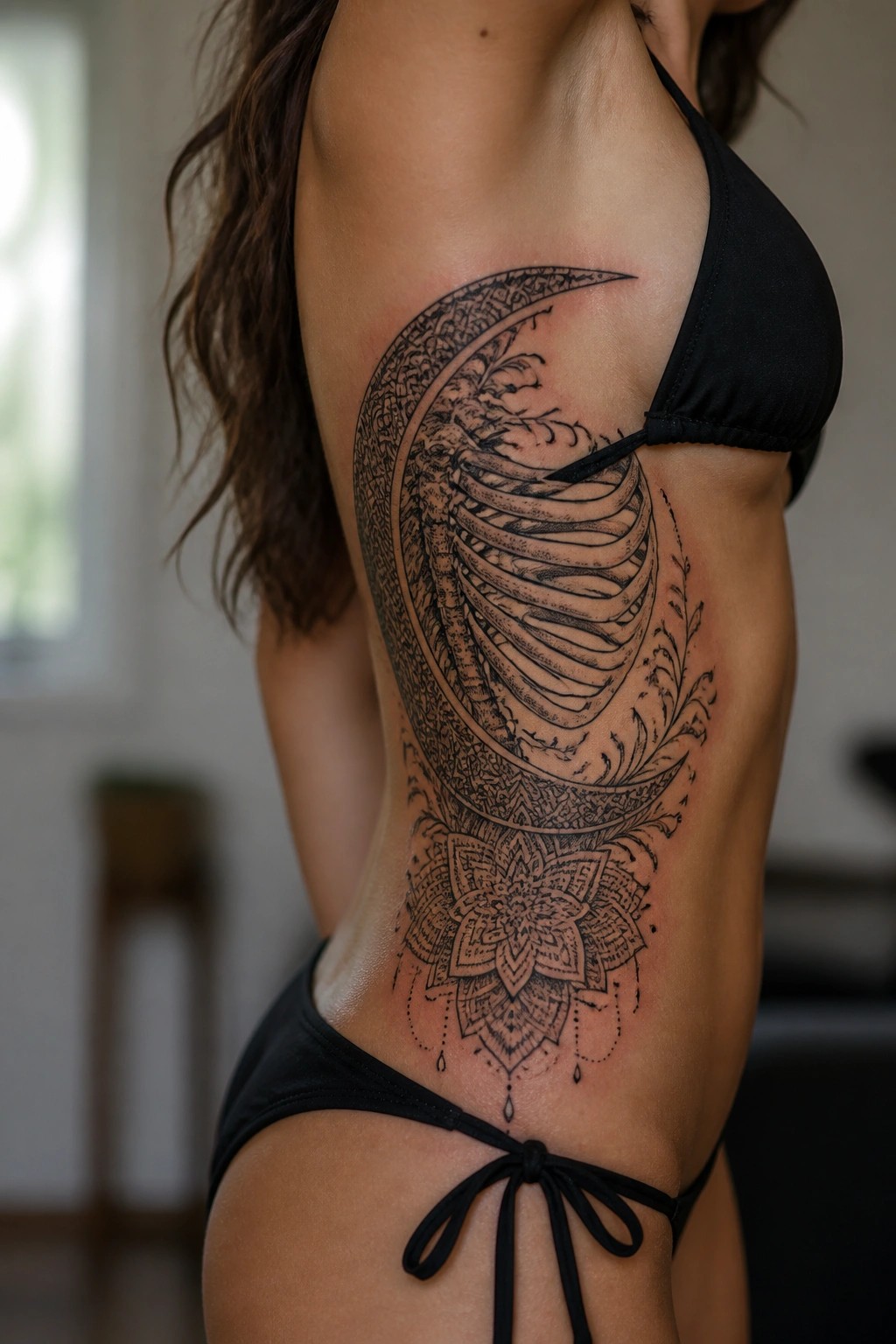 Side view of woman in black bikini with large crescent moon and mandala tattoo.