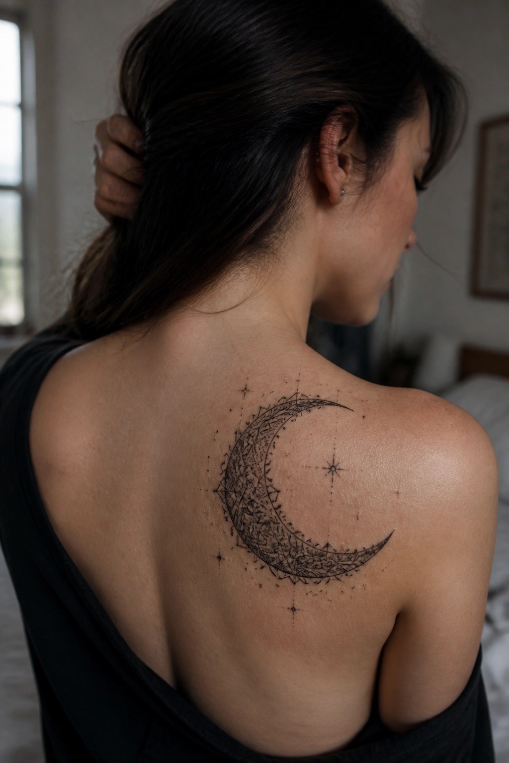 A woman seen from behind with a crescent moon tattoo on her upper back, showing fine line work and patterns inside the moon along with surrounding stars.