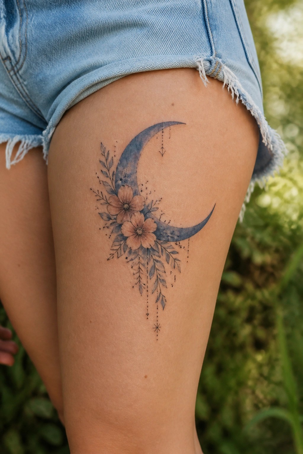 Crescent moon tattoo with flowers on the thigh, shown on a person wearing denim shorts.