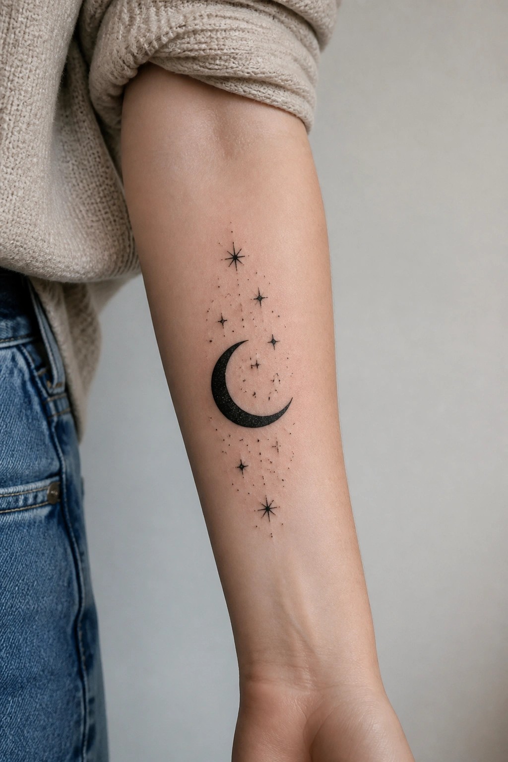 Black crescent moon tattoo with scattered stars on inner forearm