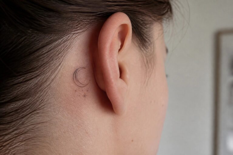 21 Elegant Moon Tattoo Designs for Women With Timeless Celestial Style Close-up of ear with crescent moon and stars tattoo plus small hoop earring