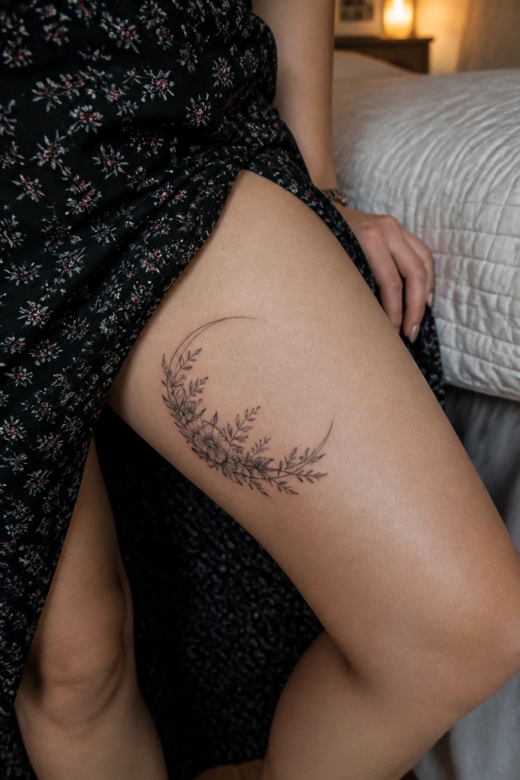 Crescent moon floral tattoo on thigh under black patterned dress slit in bedroom
