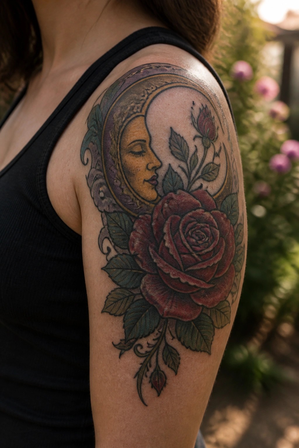 Woman's shoulder in black tank top with moon-face and red rose tattoo amid leaves.