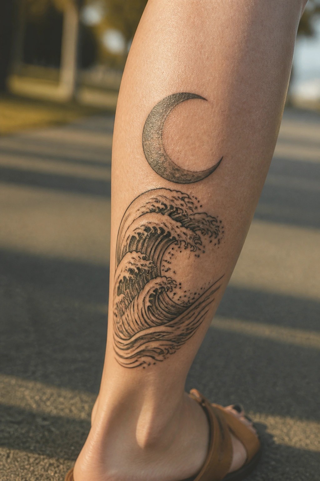 Crescent moon above crashing wave tattoo on calf with brown sandal
