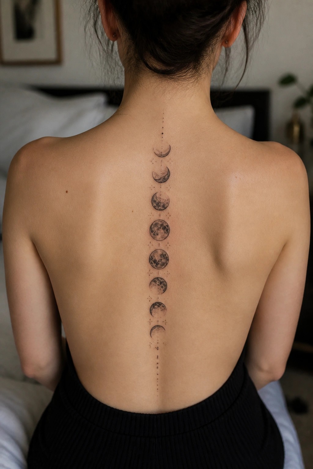 Woman's back showing a vertical line of moon phases tattooed down the spine in black ink