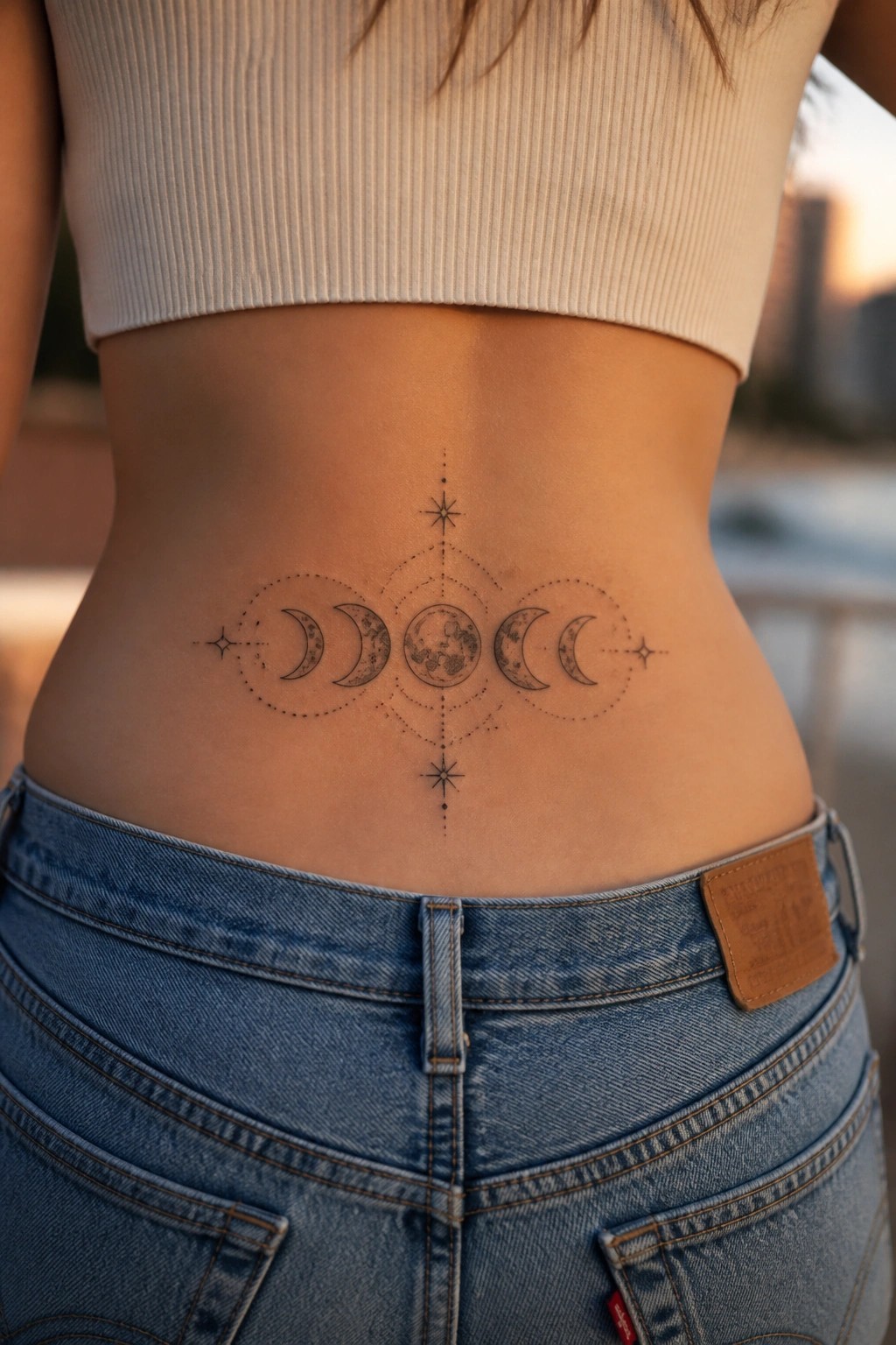 Fine line moon phases tattoo across a woman's lower back with a central full moon, surrounding crescents, stars, and dotted circles.