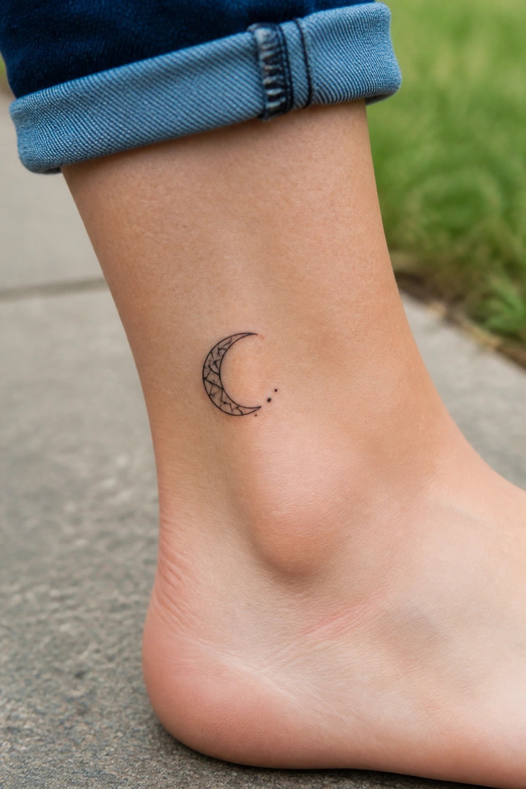 Small crescent moon tattoo with geometric fill and three dots on the outer ankle