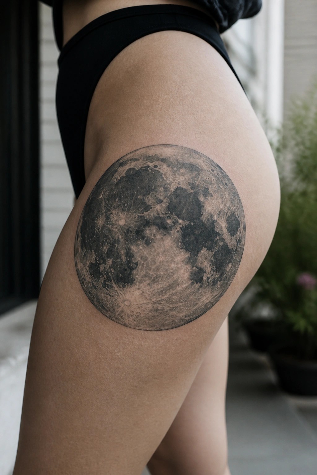 Large detailed moon tattoo on thigh above black underwear shorts