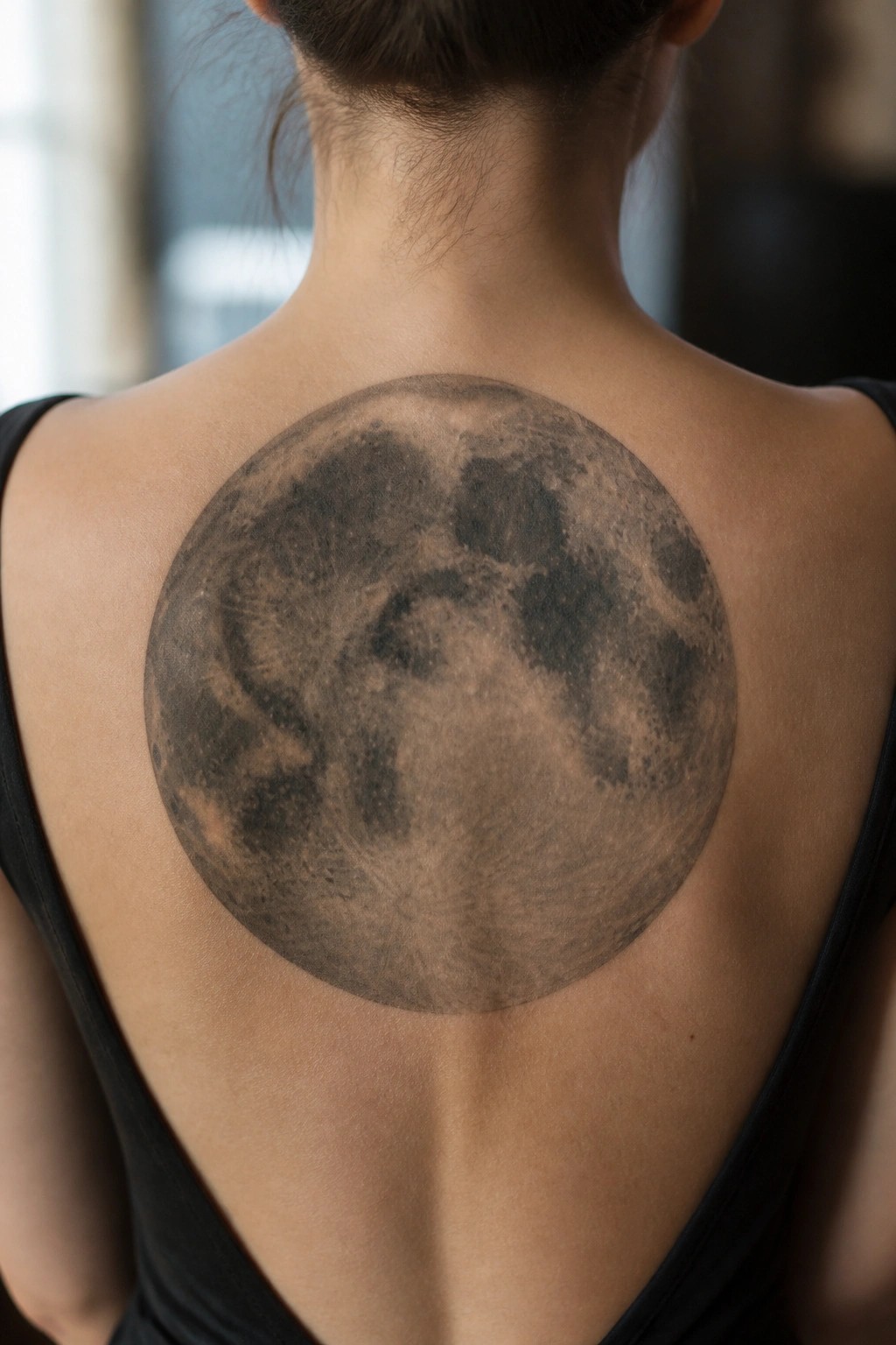 Large realistic moon tattoo centered on a woman's upper back with detailed shading