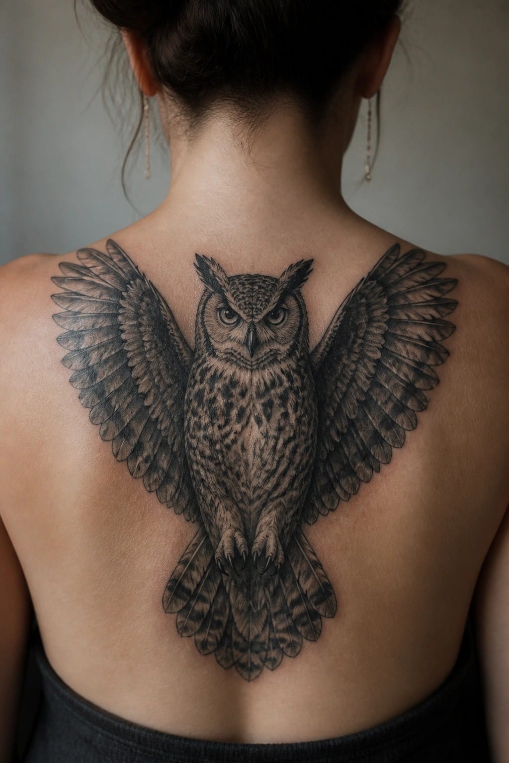 A large black and grey realistic owl tattoo with spread wings centered on a woman's upper back.