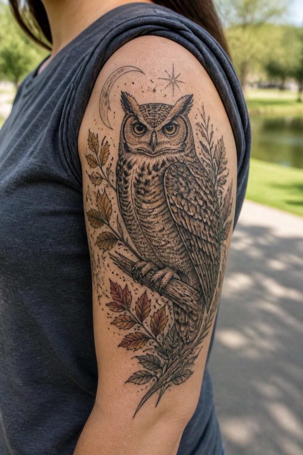 Detailed owl tattoo with leaves, moon, and star on gray-shirted arm outdoors