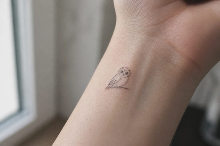 Fine-line owl tattoo on wrist, perched on thin branch with dotted shading.