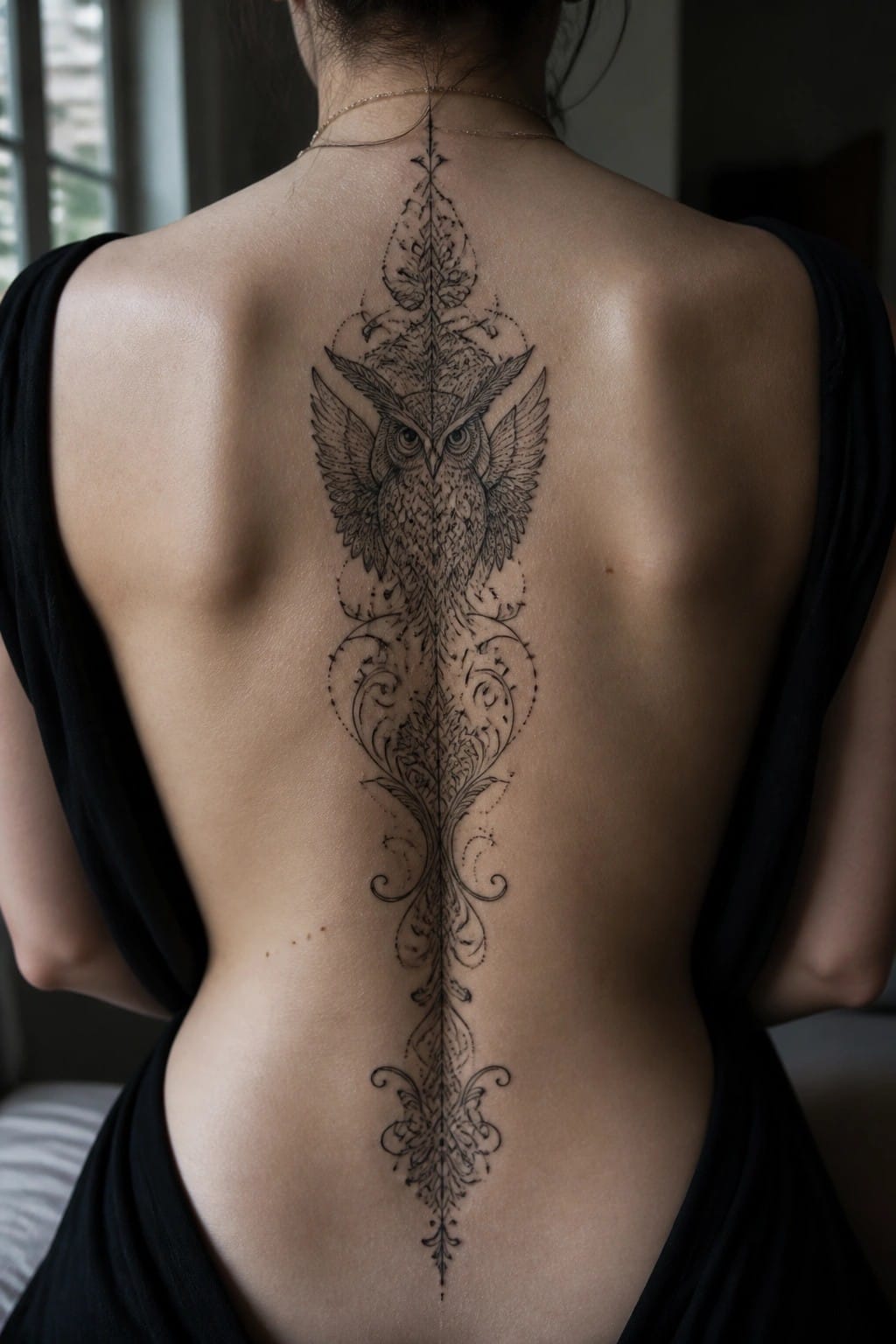 vertical fine line owl tattoo with ornamental swirls and leaves running down a woman's spine