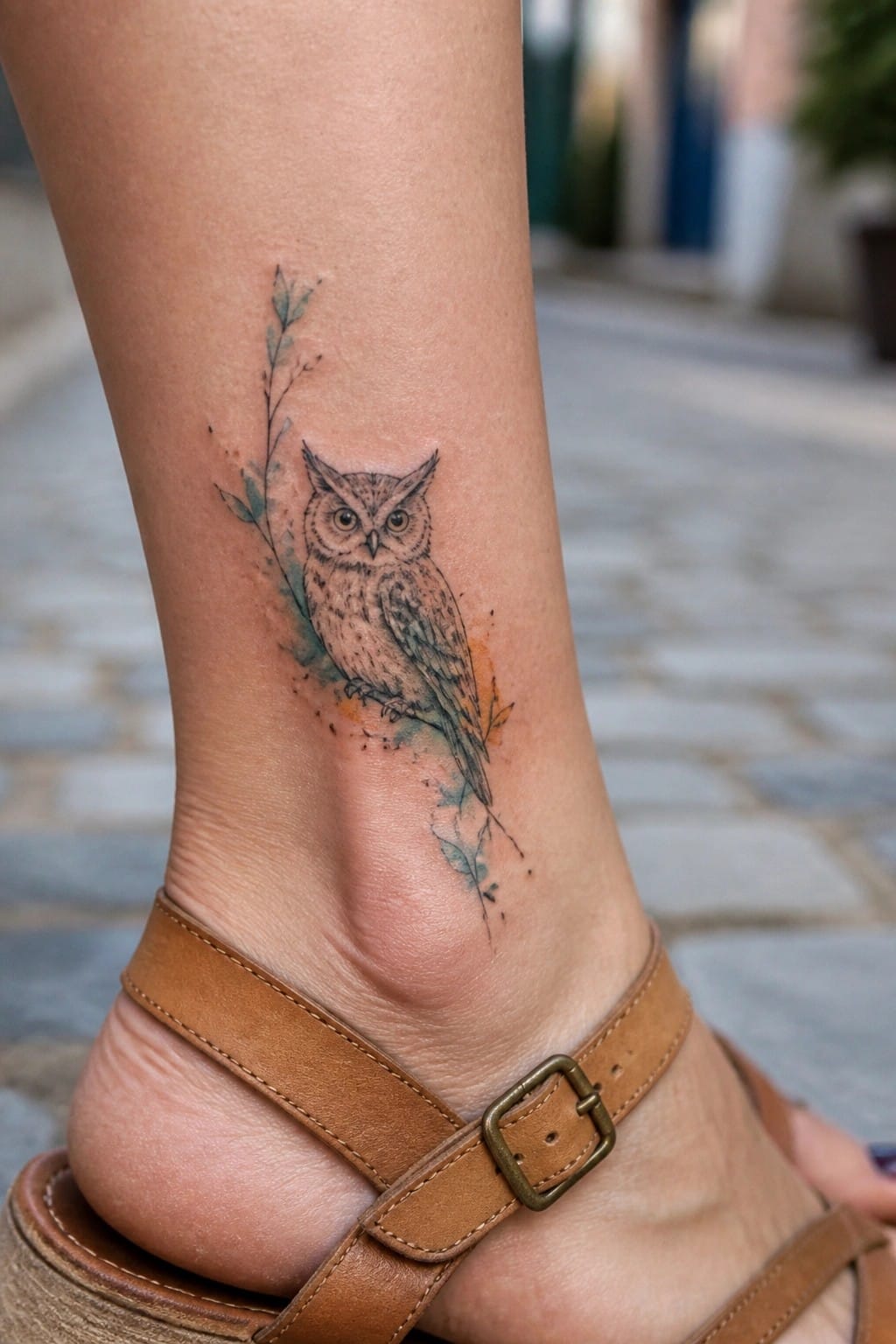 Owl tattoo with watercolor leaves on ankle above brown sandal strap