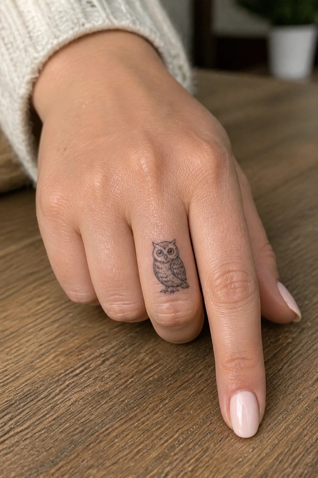 Hand with small owl tattoo on ring finger, pink nails, white knit sleeve on wood.