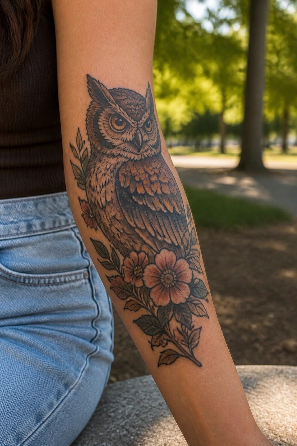 Owl tattoo with flowers on forearm, brown top and jeans outdoors