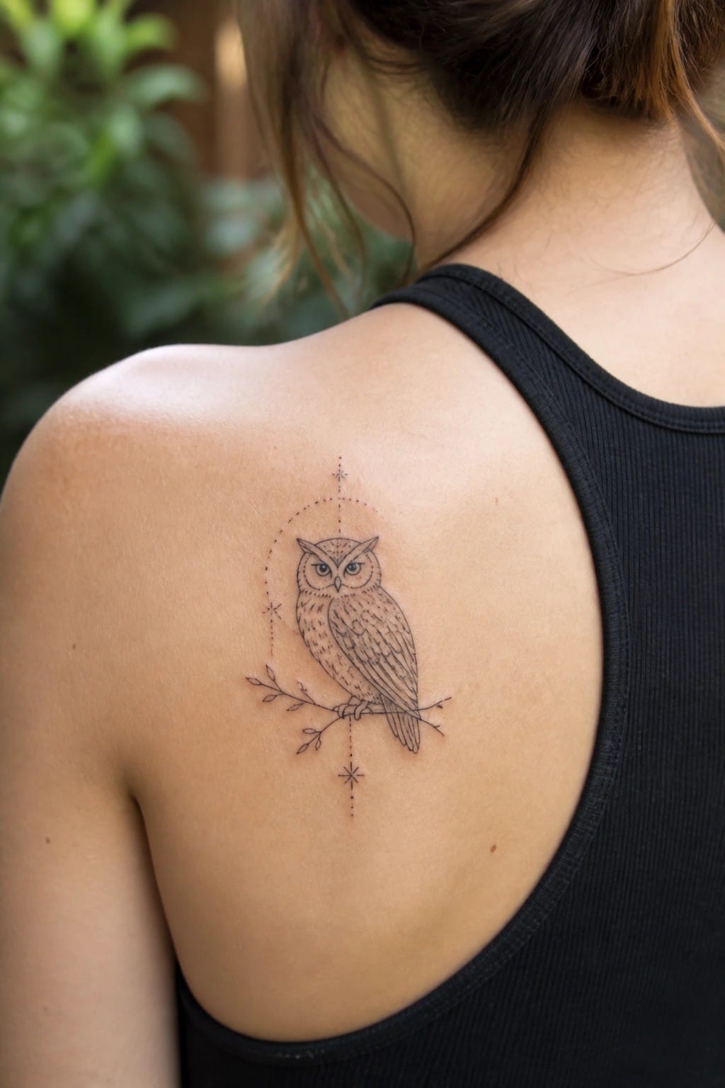 Owl tattoo on shoulder blade with stars and branch, over black tank top.