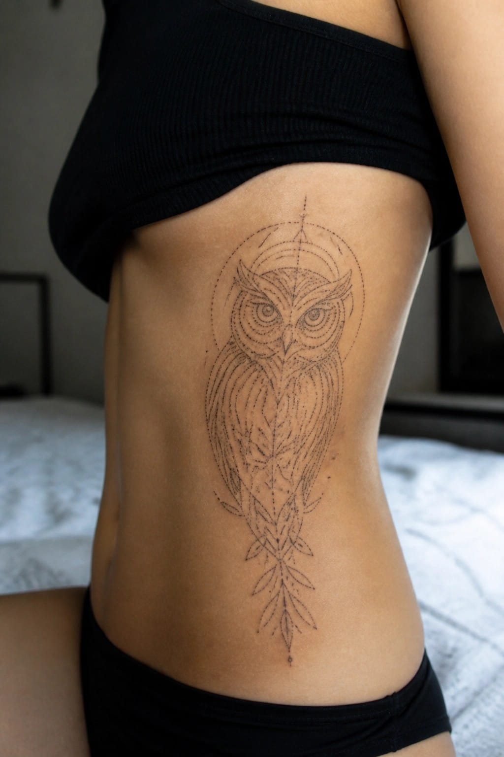 Fine line owl tattoo on the side torso with geometric circle above and leafy branches below.