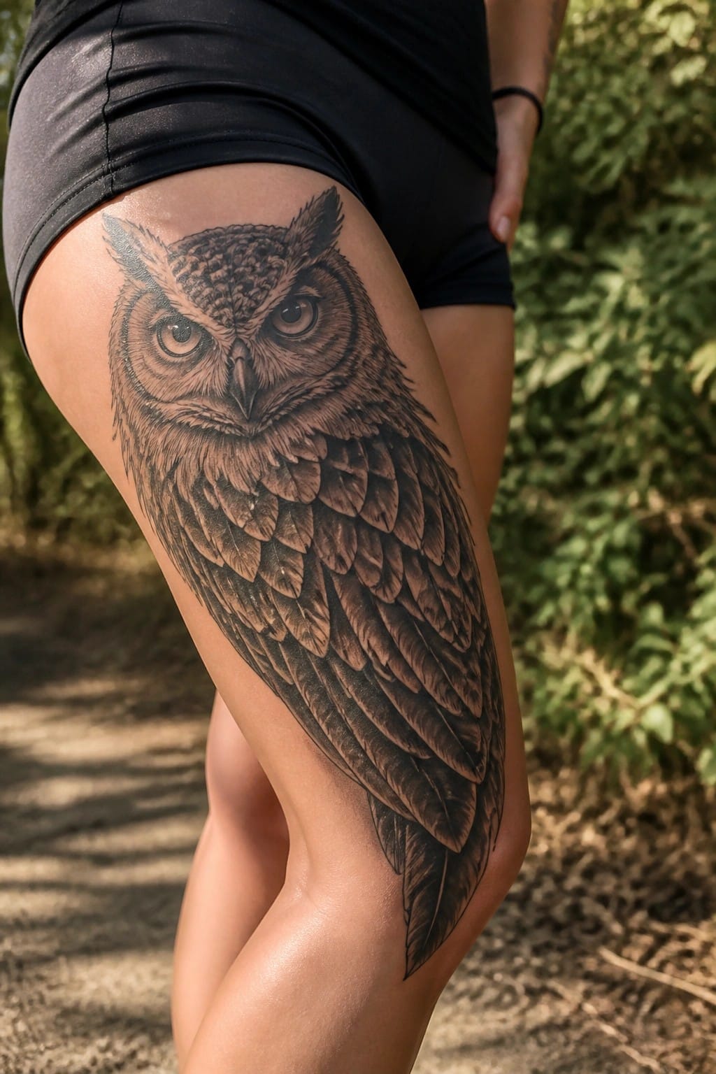 Detailed black-and-gray owl tattoo on thigh with black shorts outdoors