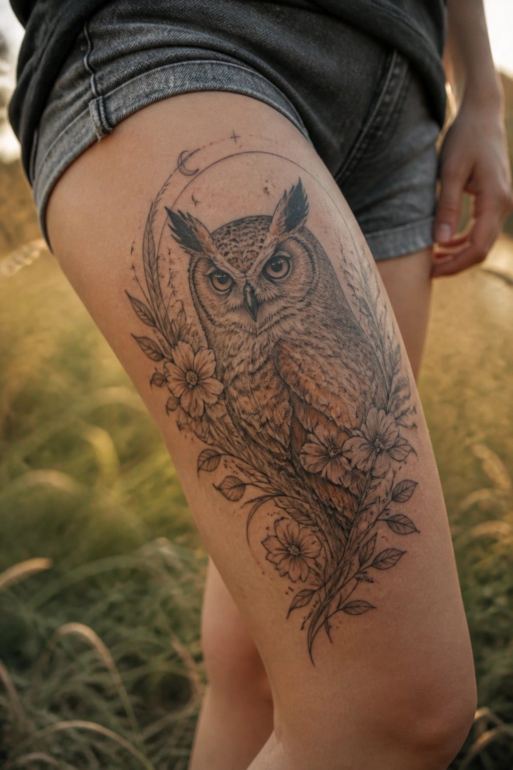 Owl tattoo with flowers, leaves, and crescent moon on thigh in denim shorts.