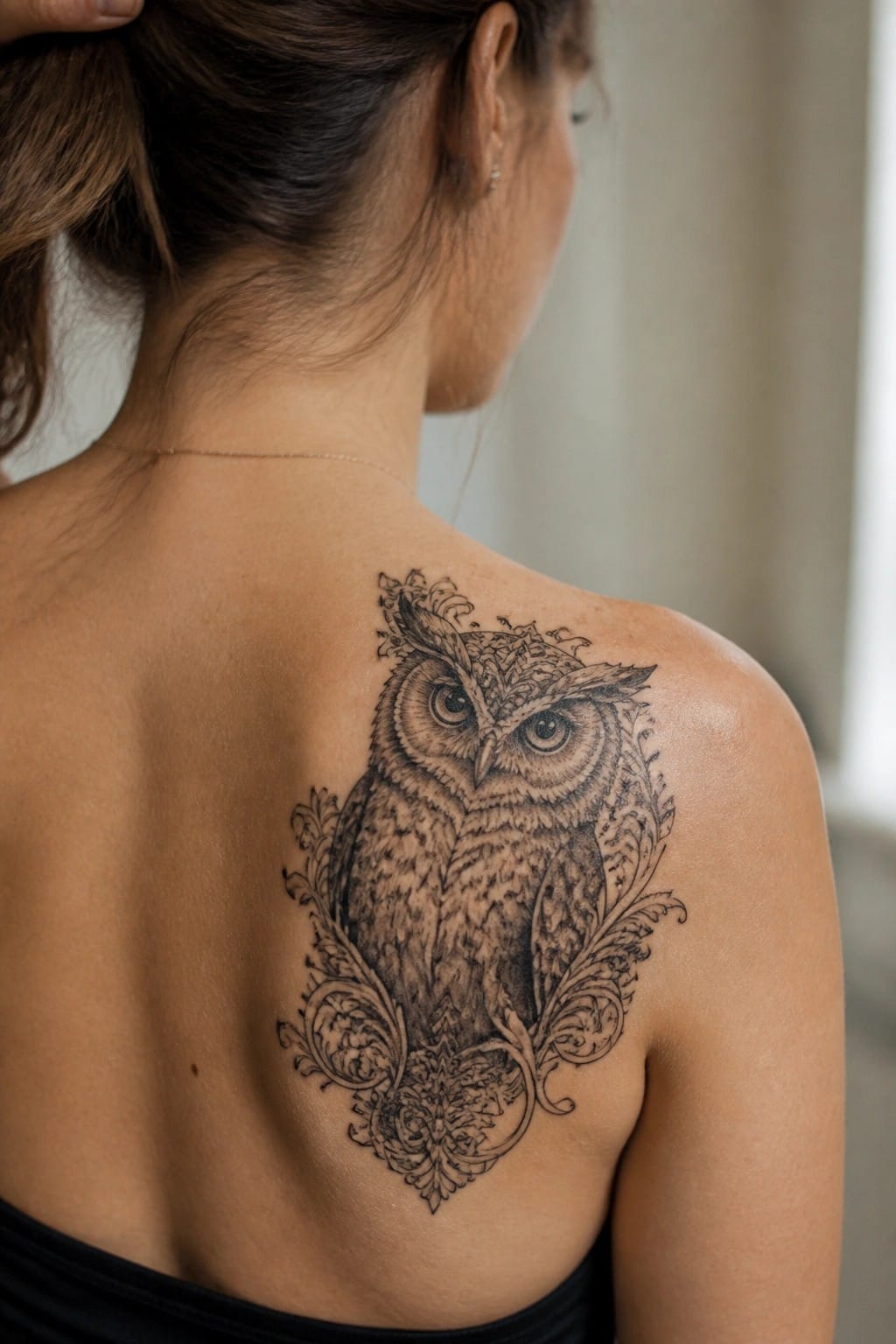 Woman's back with black top and large intricate owl tattoo with florals